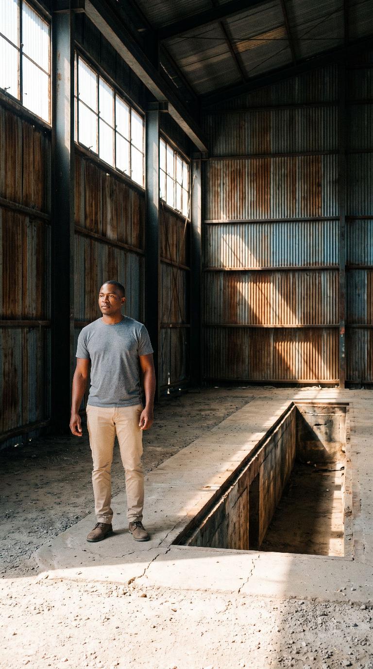 Derelict corrugated warehouse scene
