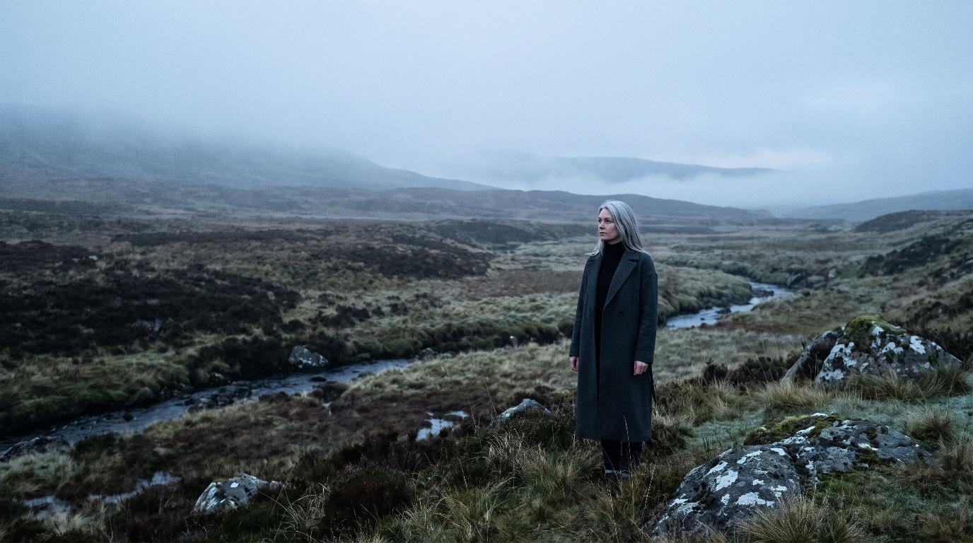Misty highland moor at dawn scene