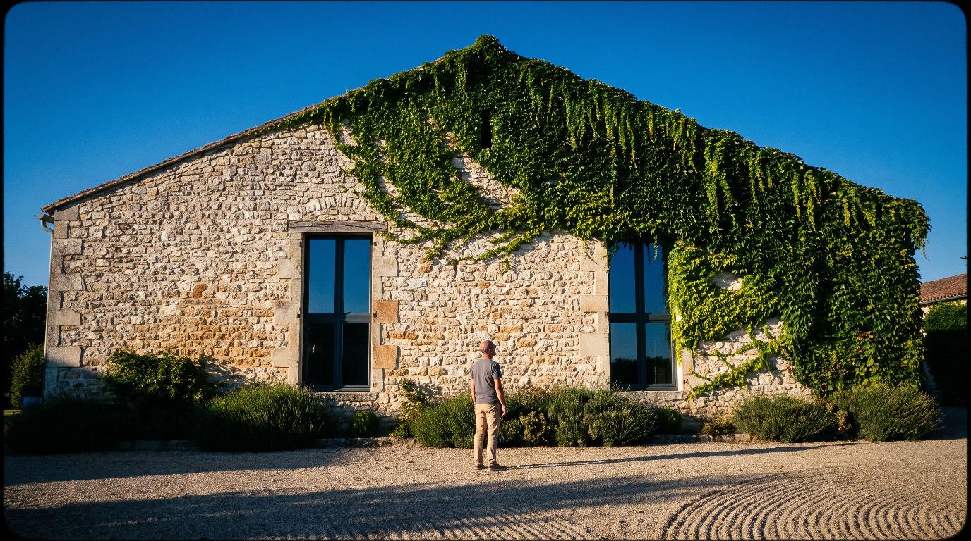 Ivy-clad stone barn scene