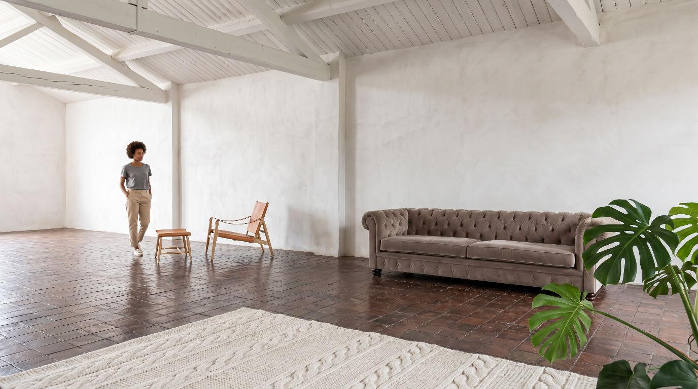 Lime-washed loft lounge scene