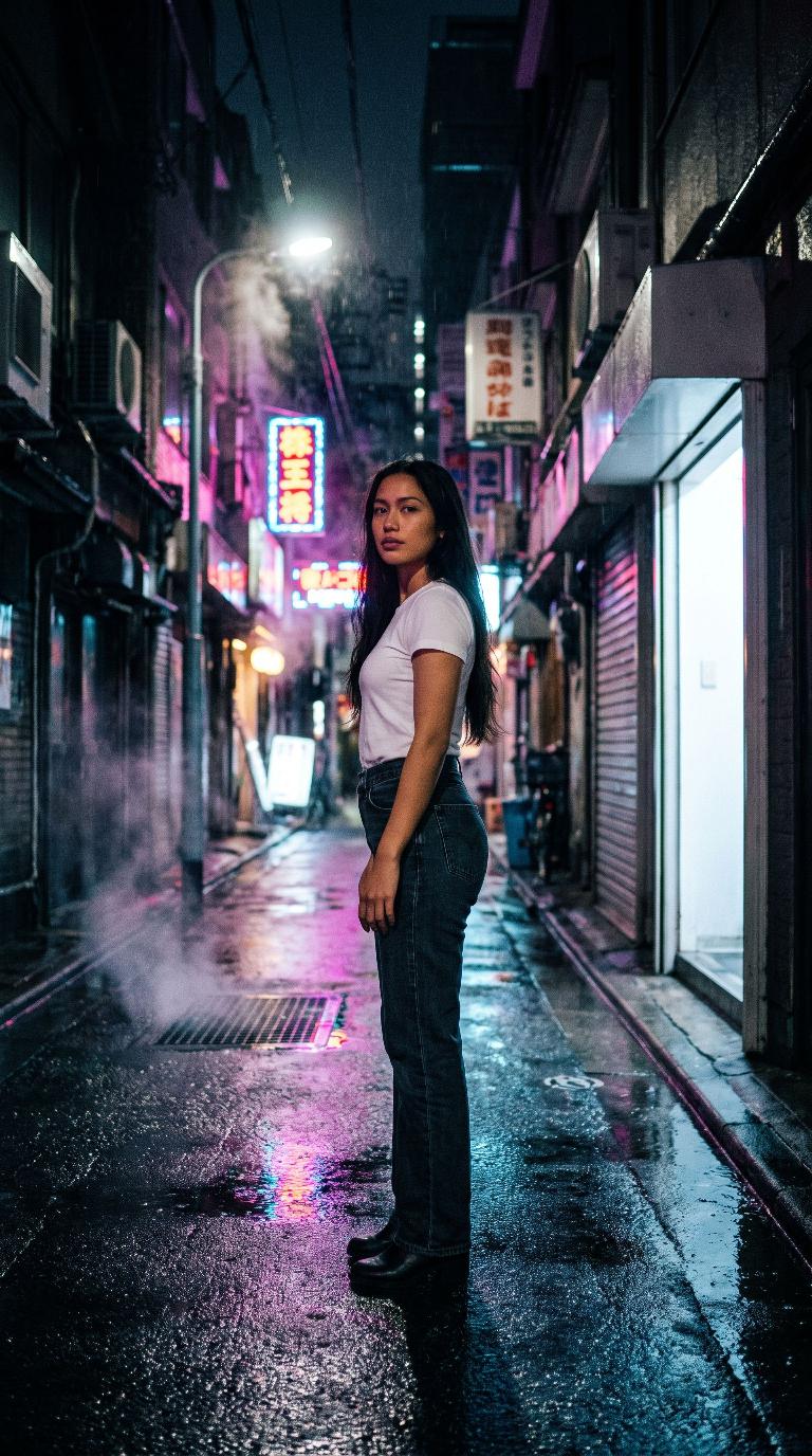 Rain-slick neon street scene