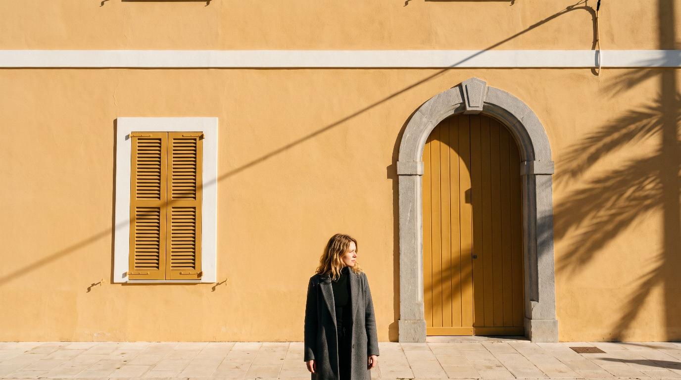 Ochre wall with shutters scene