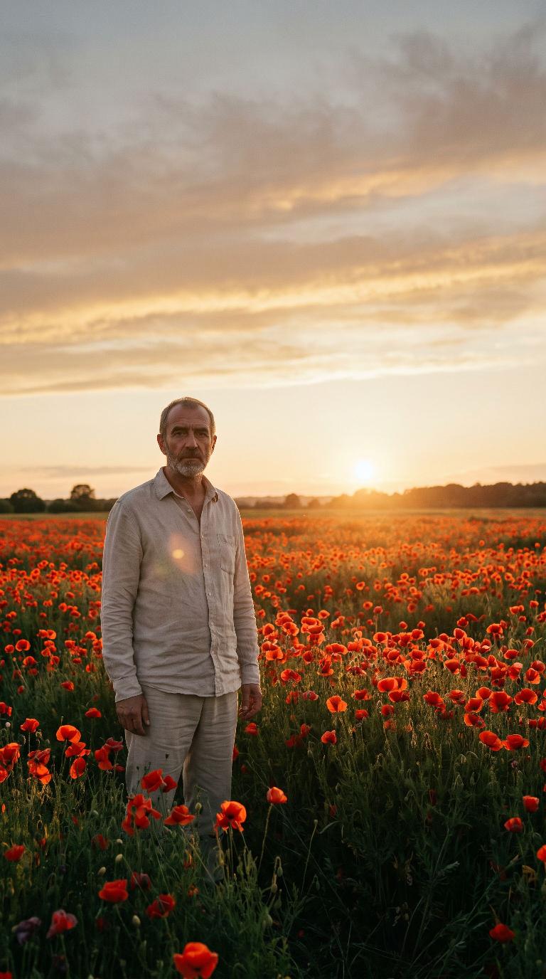 Poppy field at sunset scene