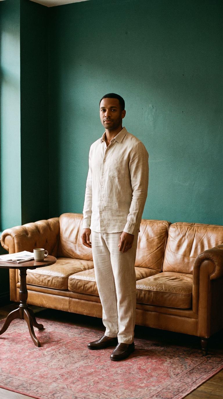 Teal wall, tan leather couch scene