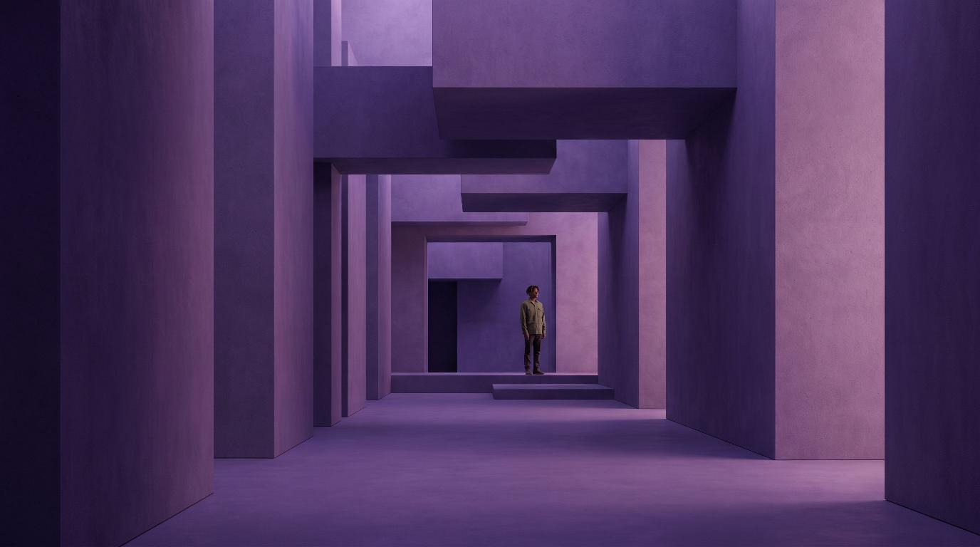 Violet architectural corridor scene