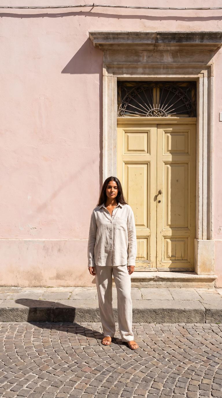 Yellow door in a pink facade scene